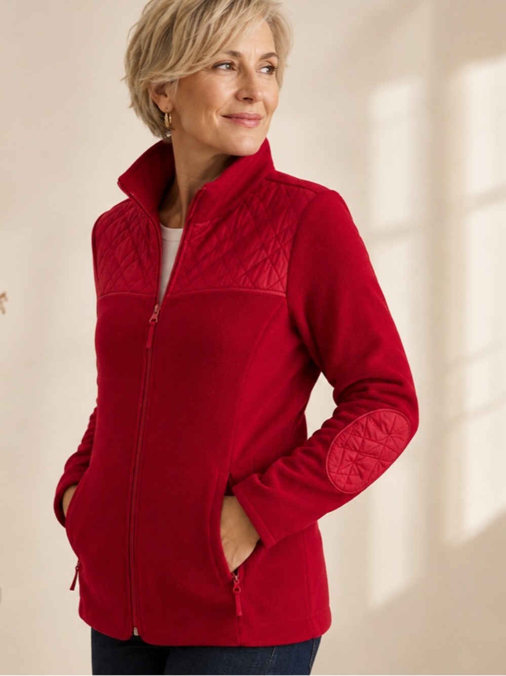 Talbots Quilted Fleece Red Jacket Elbow Patch Small Zip Front Equestrian Preppy